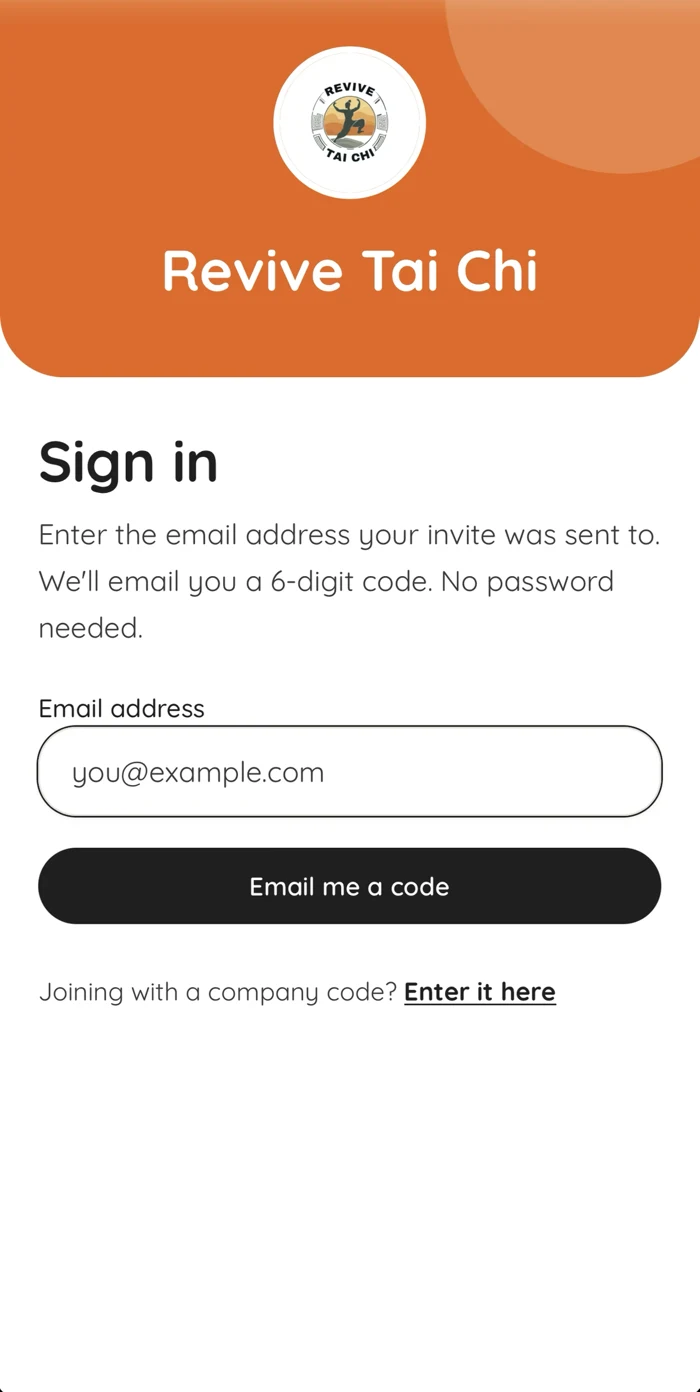Revive Tai Chi's sign-in screen in the app, with the school's own logo and orange branding